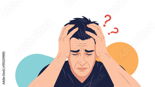 Stressed man holding his head in despair with question marks around him, showing confusion, headache, or mental burden.