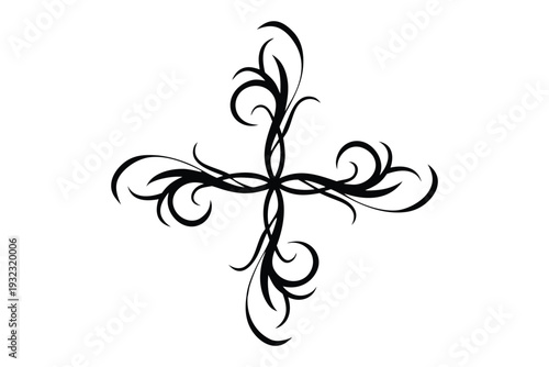 Black ornate decorative flourish with symmetrical swirls and curls on white background