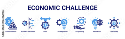 Economic Challenge web banner icon vector illustrating crisis management,strategic pivoting,resilience,and scalable recovery strategies