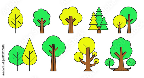 Set of Simple Cartoon Trees, Yellow and Green Foliage, Nature Vector Icons