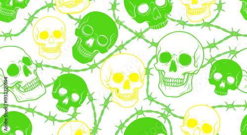 Spooky Skull Pattern with Barbed Wire, Neon Green and Yellow on White