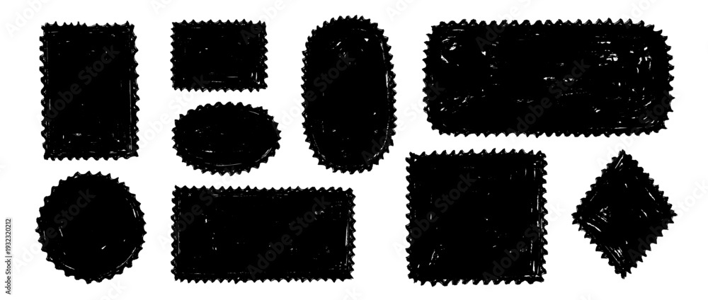 Naklejka premium Hand drawn crayon boxes and stamps set. Doodled rough edge borders and frames collection. Black sketched playful geometric shape pack for sticker, logo, collage, banner, patch, label. Vector