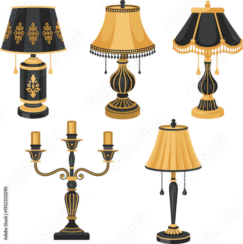 Black and gold vintage table lamps and candelabra with ornate patterns elegant decorative lighting vector illustration set