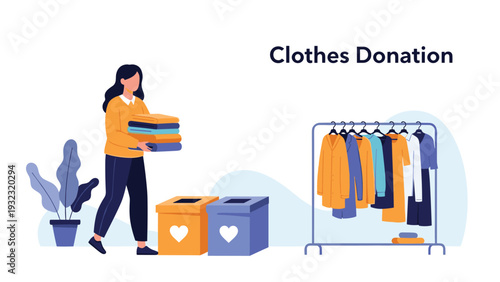 Kind woman bringing stack of folded clothes to donation boxes and rack for charity and social support for people in need.