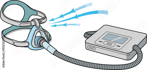 CPAP mask with airflow and portable sleep apnea machine illustrating respiratory therapy equipment for breathing support, sleep disorder treatment, and home healthcare medical technology solutions