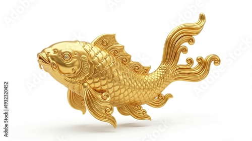 A Golden koi , traditional Chinese, encouraging design,  solid gold, smooth rounded polished surface,  isolated on white background, minimal shadow

