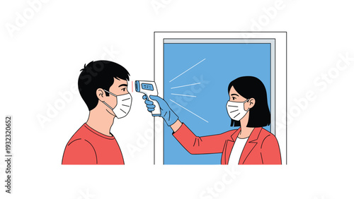 Woman in medical mask checking body temperature of man using non contact infrared thermometer for health screening at entrance.
