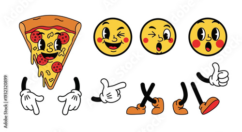 A whimsical collection of cartoon pizza slice and smiling face elements perfect for design projects on transparent background silhouette