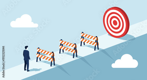 Businessman facing road barriers and hurdles while aiming for success target goal for cad drawing flat vector illustration design background,