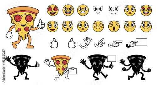 A playful cartoon pizza slice character with various emotive faces and hand gestures on transparent background silhouette high quality