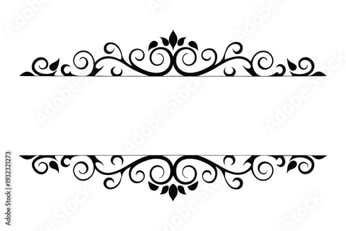 Black ornate decorative swirls and leaves border on white background