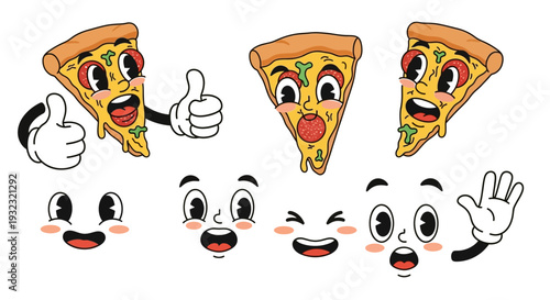 Charming cartoon pizza slices with expressive faces and hand gestures on transparent background silhouette high quality professional detailed modern