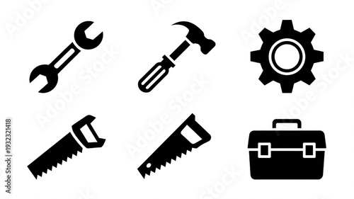 A Collection of Black Vector Tool Icons Including Wrench, Hammer, Gear, Saws and Toolbox in Minimal Design