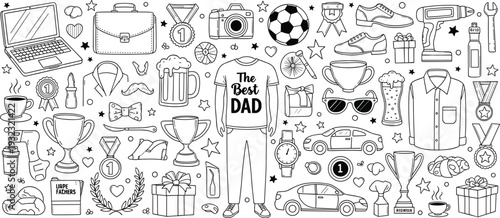 Happy Fathers Day icon set with the best dad tshirt trophies tools and gifts for cad drawing flat vector illustration,