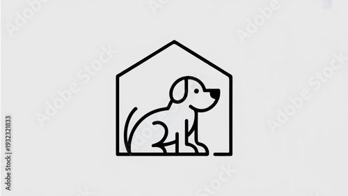 Dog sitting in a house outline simple black line art illustration on gray background