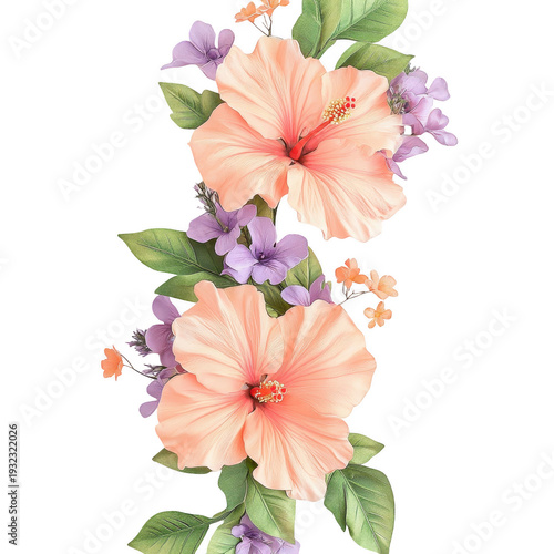 Watercolor illustration of pink hibiscus flowers and green leaves on transparent background transparent background