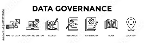 Data Governance Banner Web Icon Set Collection Pack Vector Illustration Concept For Master Data, Accounting System, Ledger, Research, Paperwork, Book, Location