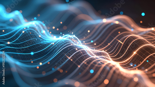 Digital data wave pattern glowing in blue and orange with flowing grid lines and particle lights creating dynamic abstract motion and energetic futuristic atmosphere