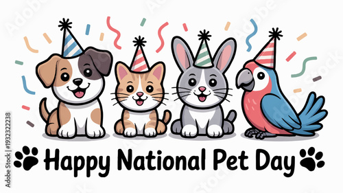 Happy national pet day celebration with dog cat rabbit and parrot wearing party hats