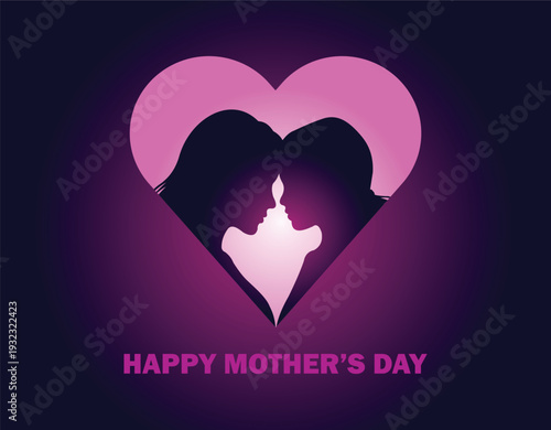 Mother and child silhouettes embraced in a heart shape with happy Mother's Day text on a dark background