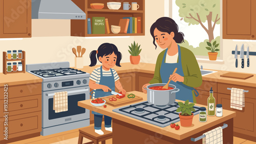 Mother and daughter cooking together in a cozy kitchen.