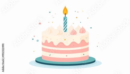 Birthday celebration cake with a single candle lit, adorned with pink frosting and sprinkles, on a blue plate, against a white background, perfect for party invitations and decorations