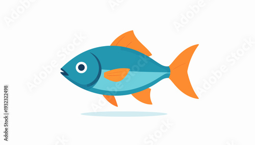 A simple, flat-design illustration of a blue fish with orange fins swimming.
