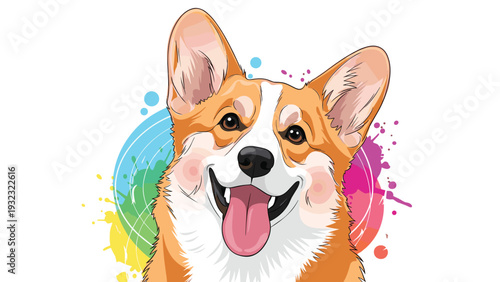 Joyful welsh corgi dog head with its tongue out set against a vibrant background of colorful paint splashes and abstract circular lines.