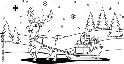 Reindeer pulling a sled with presents through a snowy forest