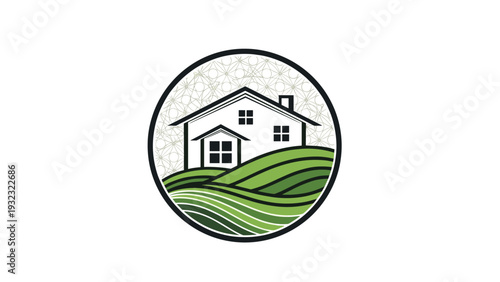 Elegant circular logo featuring a white house silhouette on a rolling green hill with decorative patterns in the background sky area.
