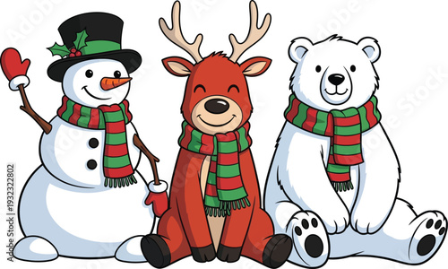 Friendly snowman reindeer and polar bear in matching scarves