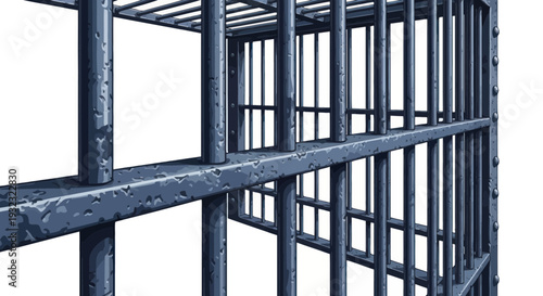 Close-up of an empty metal prison cell bars, isolated on white background