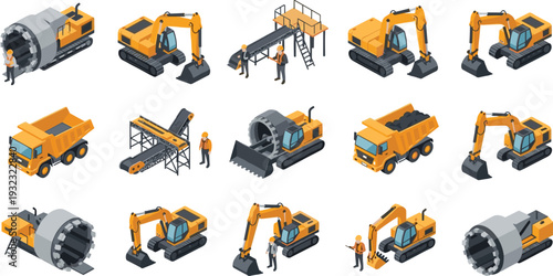 Isometric Heavy Machinery Construction Vehicle Set with Excavators, Dump Trucks, Tunnel Boring Machines, Conveyor Belts, and Workers for Mining and Industrial Engineering Designs