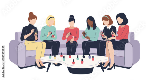 Diverse Women Applying Nail Polish Together on Sofa