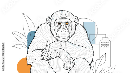 Detailed line art illustration of a chimpanzee sitting in a thoughtful pose with abstract geometric shapes and buildings in the background.