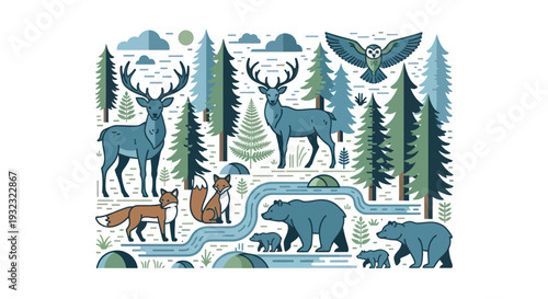 Forest Animals and Trees Illustration: Deer, Bear, Fox, Owl, Woodland Scene