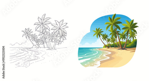 Tropical Beach Paradise with Palm Trees and Ocean Waves