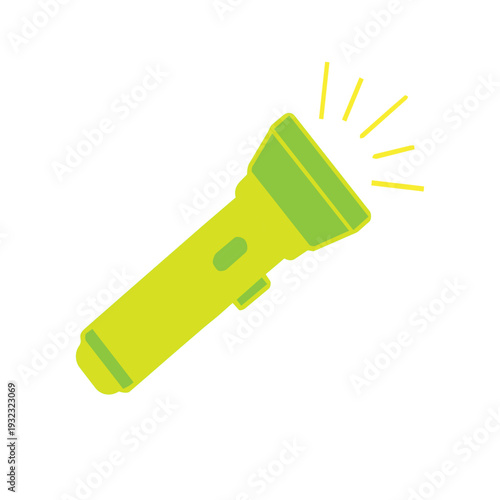 A yellow flashlight with green trim shines outward, radiating beams of light. This visual can represent the concept of illumination, guidance, safety, or exploration in educational or design contexts.