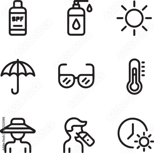 Sun safety and heat protection line icons for sunscreen, hydration, shade, temperature, and UV care awareness

