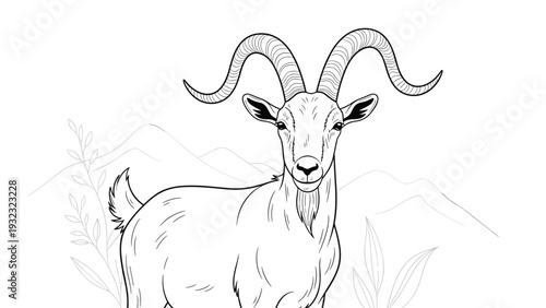 Wild goat with large curved horns depicted in a detailed line drawing against a backdrop of mountain peaks and plants.