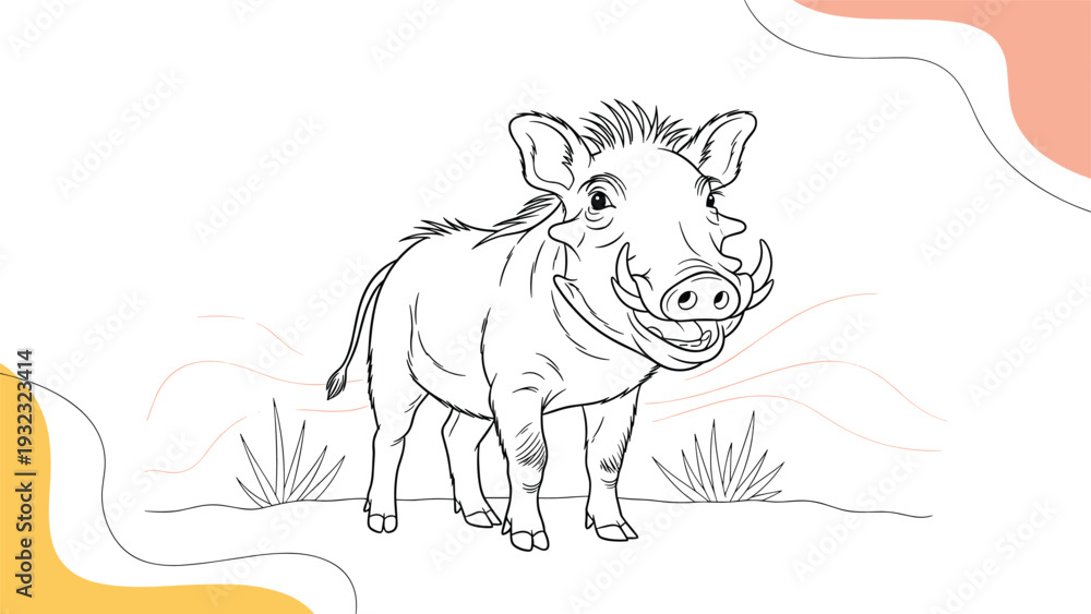 Obraz premium Warthog with prominent tusks and mane standing in a savanna landscape depicted in a detailed black and white line drawing.