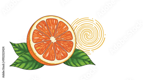 Ripe orange half with green leaves and a stylized spiral sun icon representing freshness and natural citrus flavor.