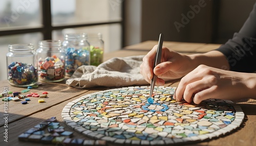 A female mosaic artist meticulously creates a colorful craft on a wooden table, representing a creative hobby and artisanal skill concept in warm sunlight