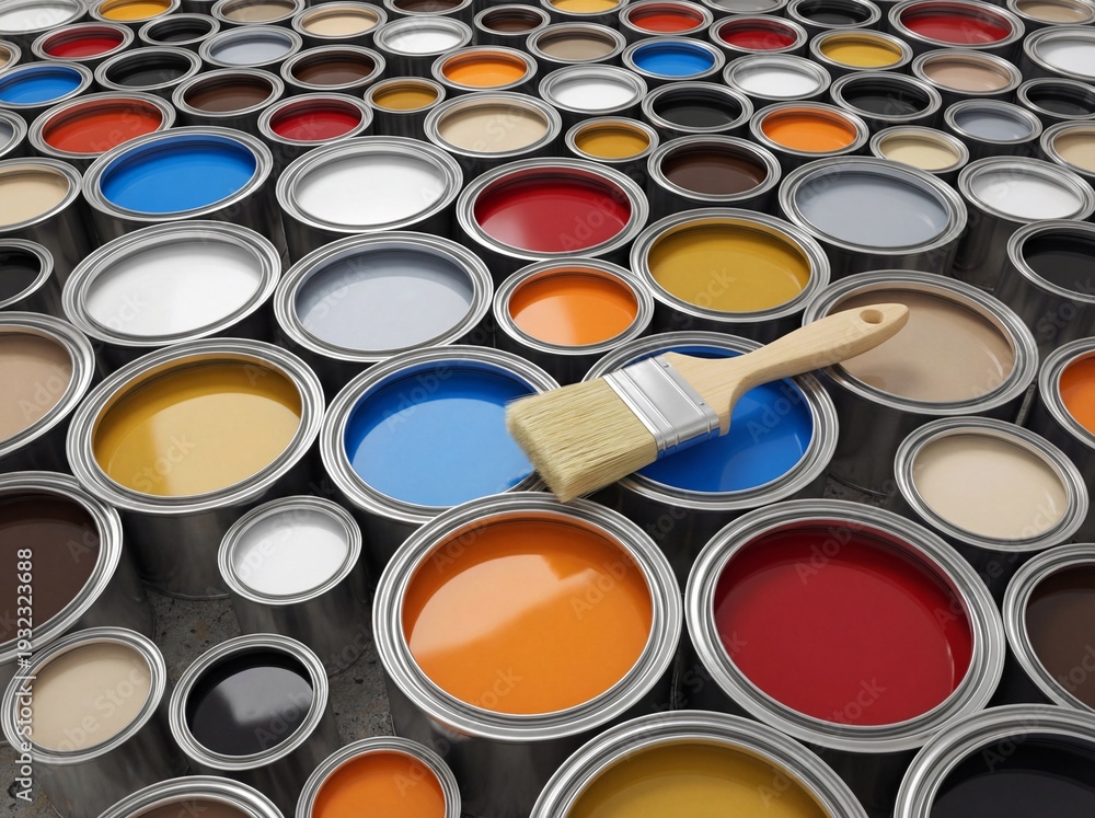Fototapeta premium Paintbrush resting on open cans of colorful paint