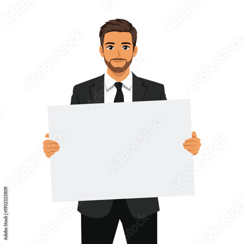Handsome Businessman in Suit Holding a Blank White Placard. Flat Vector character illustration