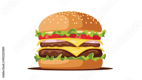 Juicy double cheeseburger with layers of beef patties cheese lettuce tomato and onion on a sesame seed bun vector.
