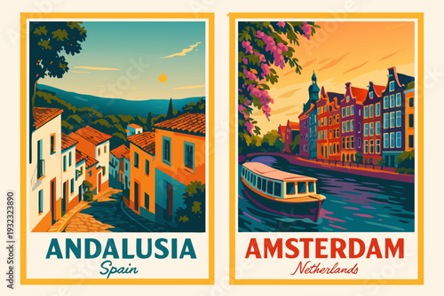 Vibrant travel posters of Andalusia and Amsterdam in a vector graphic design