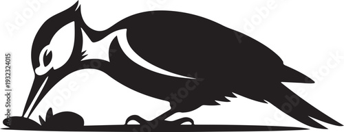 Woodpecker silhouette pecking for food on the ground, graphic illustration