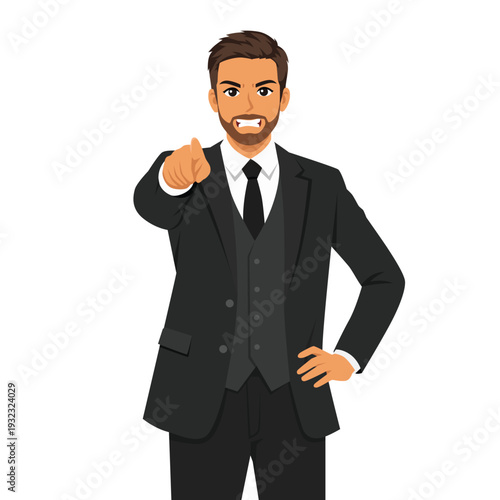 Angry Businessman Pointing Finger at Camera. Aggressive Corporate Leader. Flat Vector character illustration