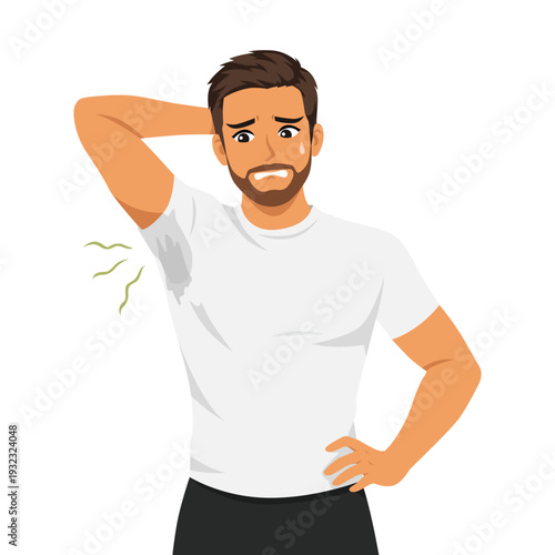Embarrassed Man with Body Odor Problem and Armpit Sweat Stain. Flat Vector character illustration